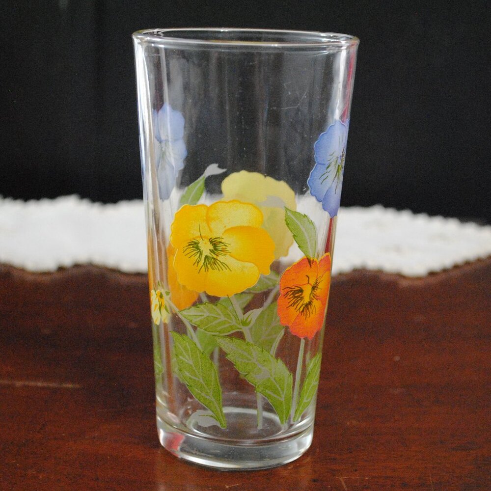 Single Vintage KIC Indonesia Glass Tumbler Cup with Pansy Flowers